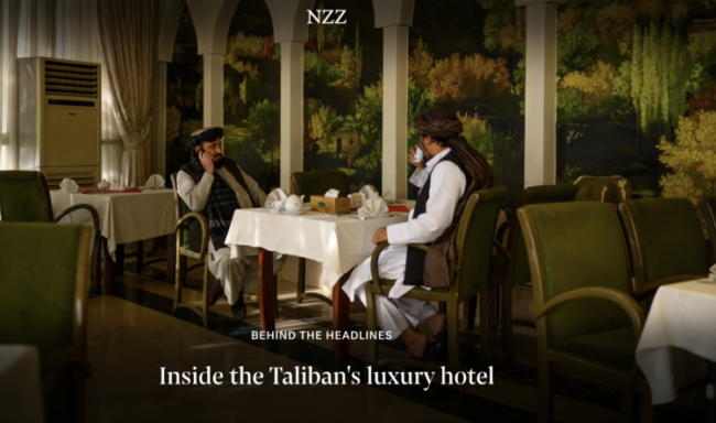 The lead image and headline of the English-language translation of "Inside the Taliban's luxy hotel" in Switzerland's NZZ newspaper